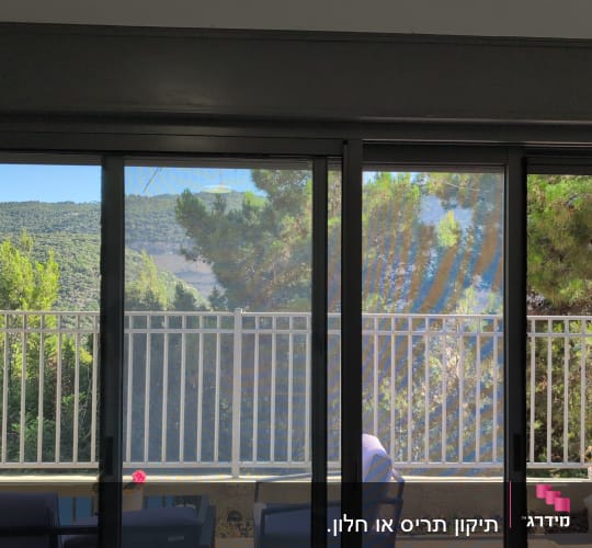 תריסים נפתחים עם נוף לעצים ולגדר חיצונית